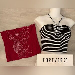 2 Bundle Forever 21 Crop Tops - Navy White Stripes + Red Floral Graphic - M